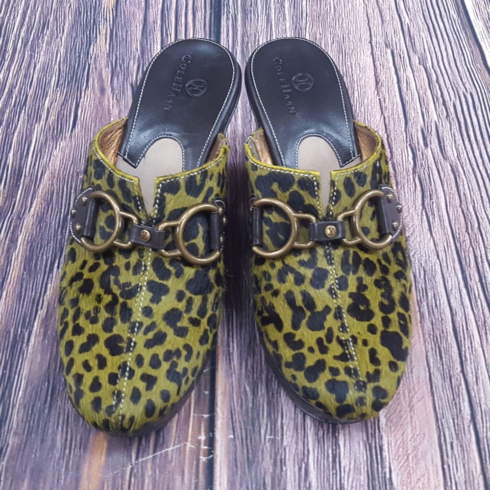 Cole Haan Calf Hair Mules, Green Leopard, Sz 6